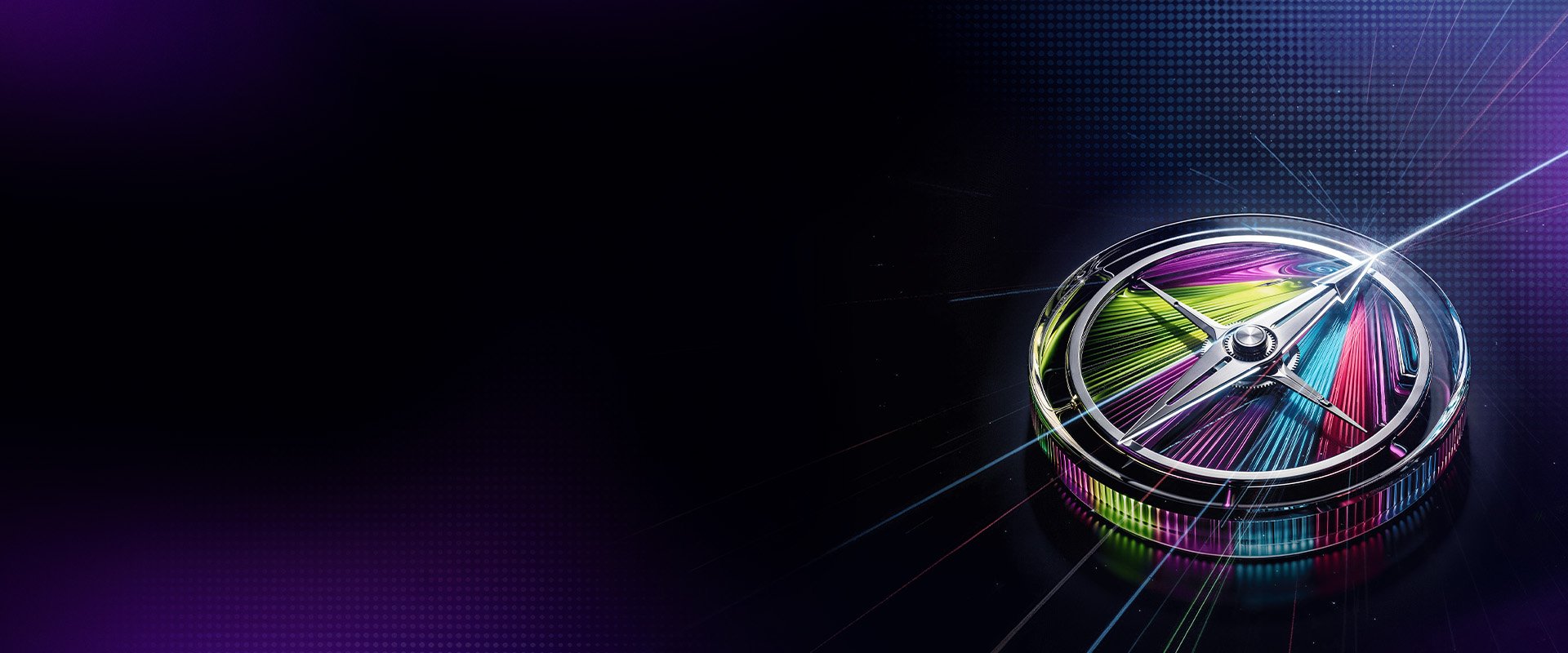 The Insights2040 compass, in glass, on a dark violet background