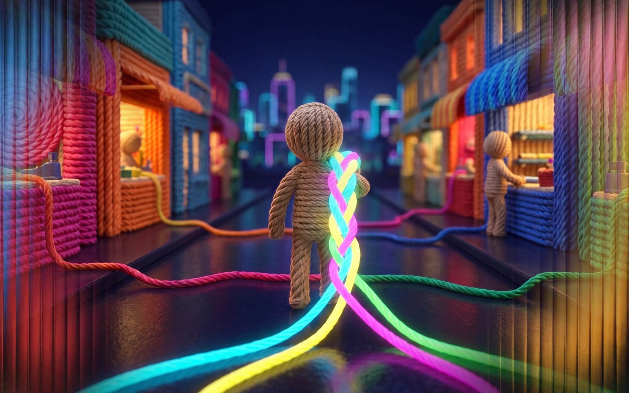 A woven rope figure on a street of shops, holding a braid of coloured cords