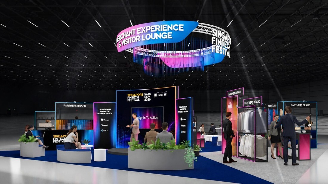 Rendering of the Merchant Experience and Visitor Lounge at Singapore FinTech Festival 2026, with partner stands and a small stage