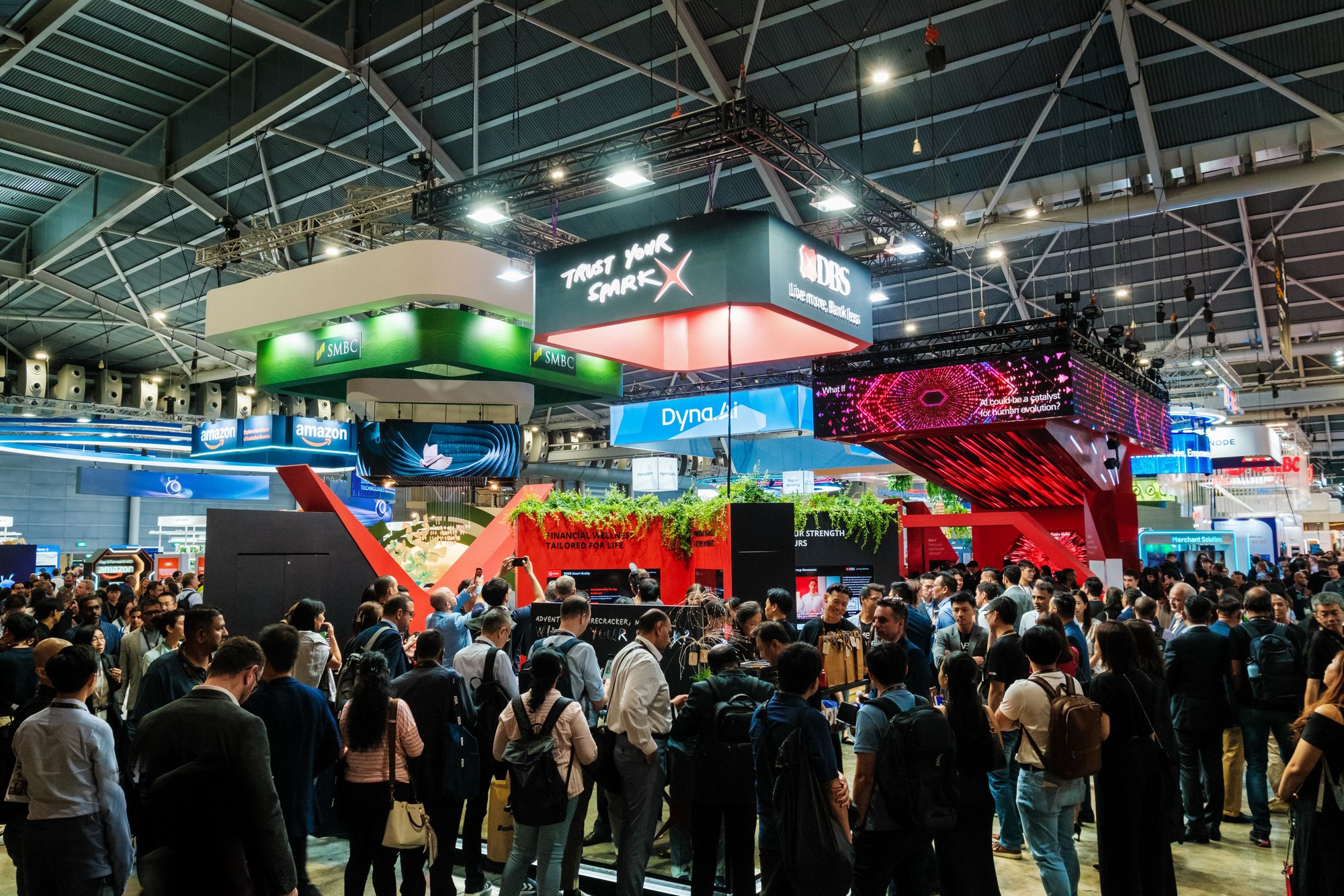 A packed exhibition hall at Singapore EXPO during Singapore FinTech Festival